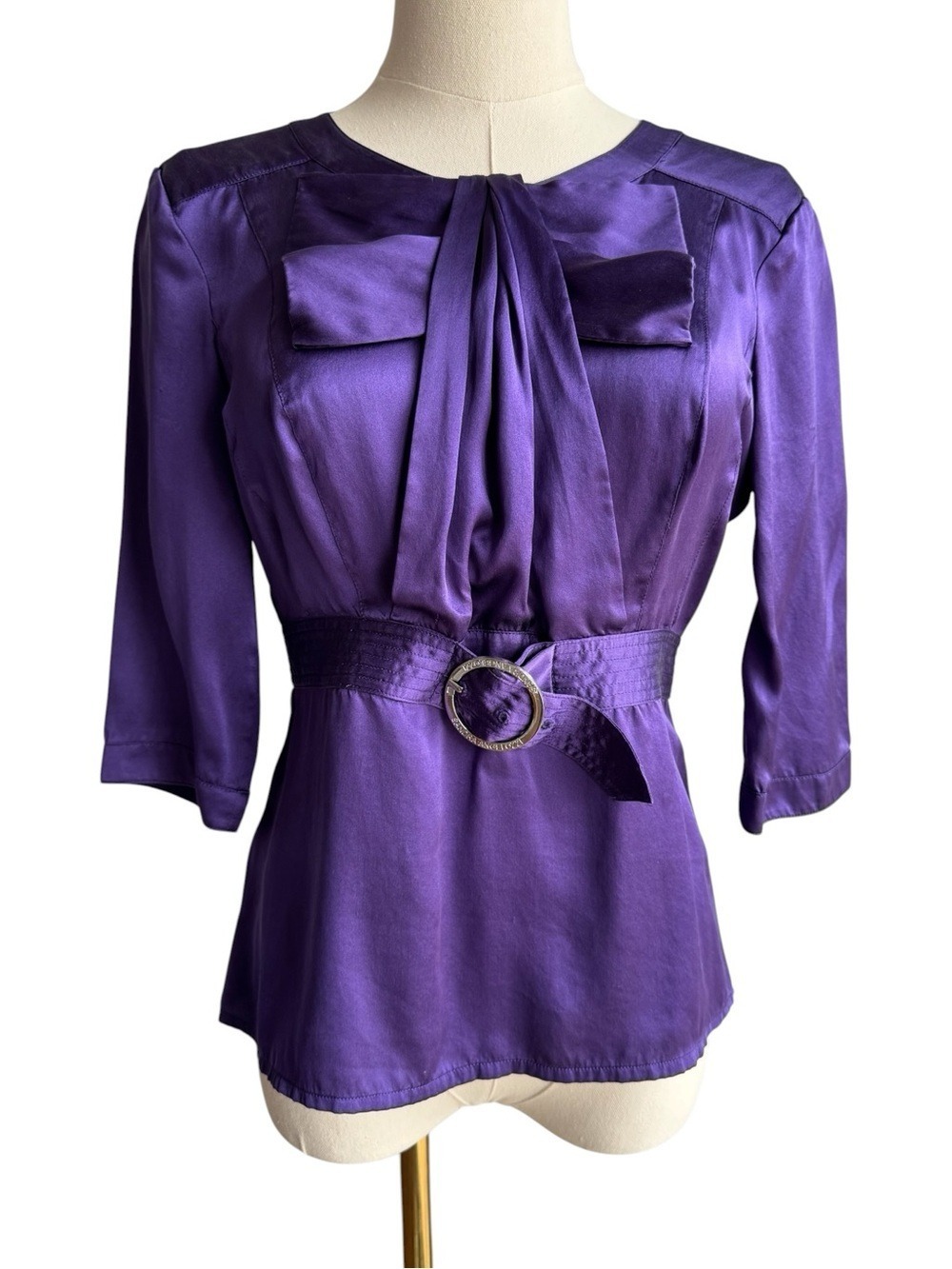 Sandra Angelozzi 100% Silk Blouse Sz 4 XS Purple Statement Top Designer Cocktail